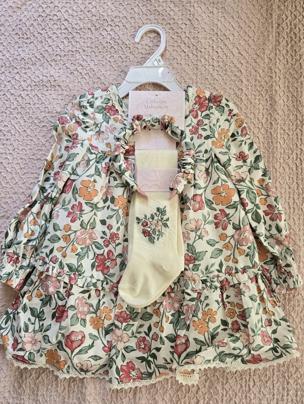 NWOT Catherine Malandrino Girl's Floral Ruffle Long Sleeve Dress & Cream Tights